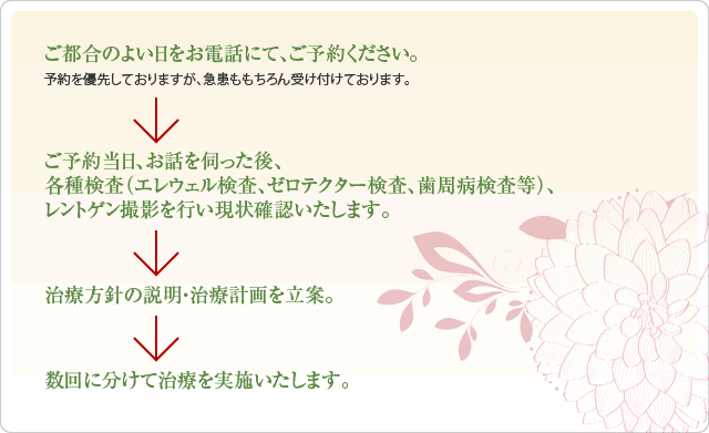 ご都合のよい日をお電話にて、ご予約ください。（予約を優先しておりますが、急患ももちろん受け付けております。）→ご予約当日、お話を伺った後、各種検査（エレウェル検査、ゼロテクター検査、歯周病検査等）、レントゲン撮影を行い現状確認いたします。→治療方針の説明・治療計画を立案。→数回に分けて治療を実施いたします。